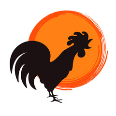 Rooster silhouette against the background of a red sun in a cartoon style.