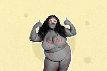 Photo collage of plus size model girl posing and dreaming her body will be fit after diet showing...