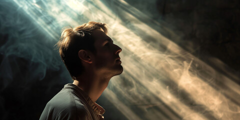 Young man looking up, rays of light piercing through smoke, creating a dramatic, hopeful atmosphere