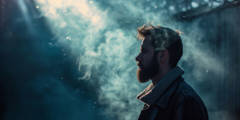 Obraz premium Bearded man in side view, his breath visible in the cold air, with sunlight creating a mystical effect