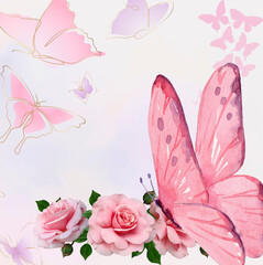 pink roses and butterflies