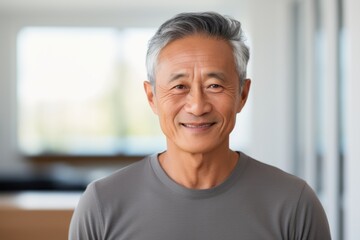 Portrait of a cheerful asian man in his 60s donning a trendy cropped top against a light wood minimalistic setup. AI Generation
