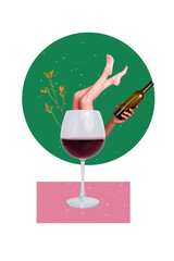 Vertical collage picture of barefoot bodyless person inside wineglass chilling drinking red wine...