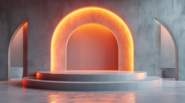 Minimalist scene with round podium and arch. Abstract background gray podium with an arch and a sun.