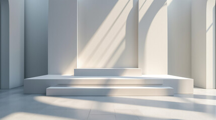Obraz premium Minimalistic white room interior with podium. Abstract architecture background, empty white interior with shadow on the wall.
