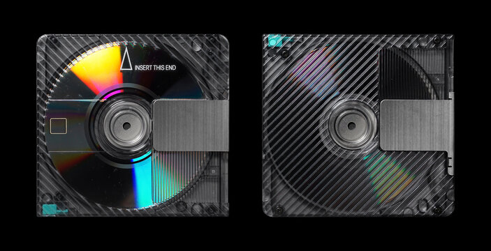 MiniDisc front and back isolated on black. MiniDisc mockup