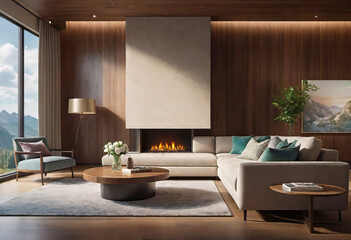 View of a cozy living room with a stone fireplace and a sofa with large windows, a cozy place to relax, Scandinavian hygge interior concept,