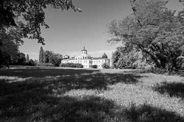 view to castle Belvedere and the surrounding gardens near Weimar  in a black and white picture