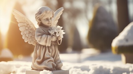 Baby angel statue on winter snowy cemetery graveyard holding white flowers on sunny day  - obrazy, fototapety, plakaty
