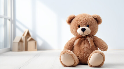 a brown teddy bear sits against a background of a white wall and blurry cardboard houses in the corner, a toy. Copy space. Moving concept
