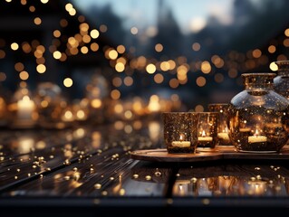 Christmas and New Year background with bokeh lights and wooden boards