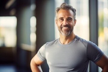 Fototapeta premium Portrait of a grinning man in his 40s wearing a moisture-wicking running shirt against a empty modern loft background. AI Generation