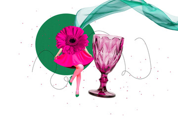 Creative collage absurd girl wearing pink dress and green high heels headless flower lady with...