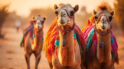 Rolgordijnen Camels in traditional clothes wait by the roadside for tourists wanting to ride camels in the desert, India. Camels, Camelus, which carry tourists on their backs. © Рика Тс