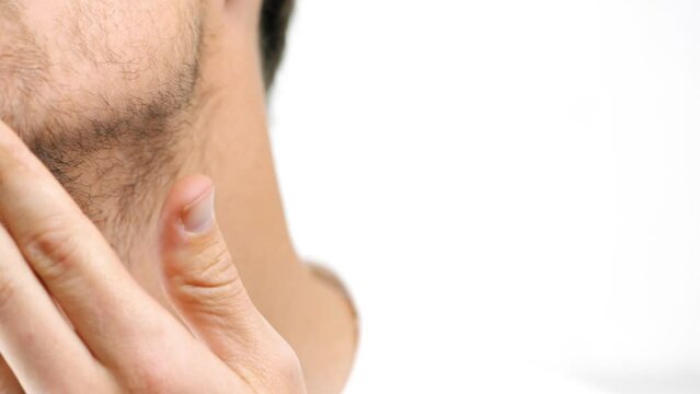 Man, face and thinking of grooming or shaving in studio, closeup and contemplating hygiene and skincare. Male person, zoom and wondering for beauty and epilation on white background, care and plan