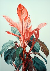 A colorful photorealistic painting of  flowers, crimson , green colours.