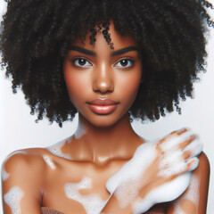 African American woman with curly hair and soap suds on a solid white background. ai generative - obrazy, fototapety, plakaty
