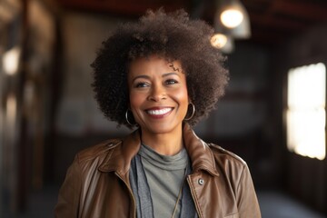 Portrait of a grinning afro-american woman in her 60s wearing a trendy bomber jacket against a empty modern loft background. AI Generation
