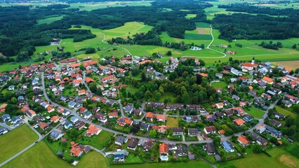 Aerial view of the village Schonstett in Bavaria on a cloudy day in late summer