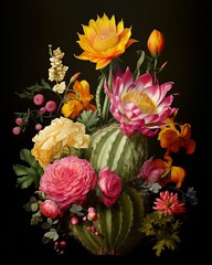 Bouquet of roses on black background with cactus