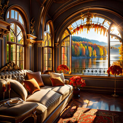 Aristocratic chic living room interior with large windows and nature views, aristocratic rich palace design,