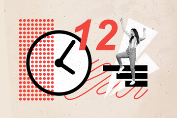 Collage art picture of funny positive businesswoman celebrate at twelve oclock when started her lunch isolated over beige color background