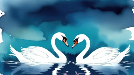 Picture of two beautiful swans on the lake touch each other's foreheads, art concept, watercolor, symbol of love and fidelity, greeting card, space for text - obrazy, fototapety, plakaty