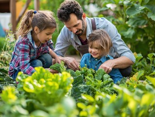 A family growing vegetables in a backyard garden for sustainable living