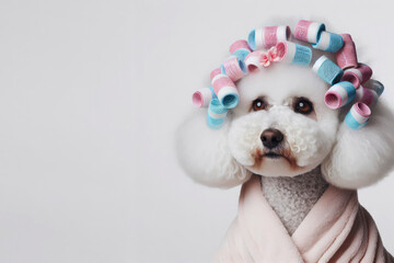 Obraz premium poodle dog in a robe with curlers on her hair on a solid white background. ai generative