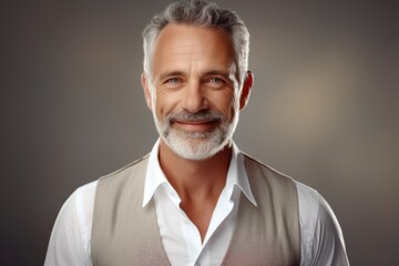 Fototapeta premium Portrait of a happy man in his 50s dressed in a polished vest against a plain white digital canvas. AI Generation