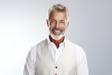 Portrait of a happy man in his 50s dressed in a polished vest against a plain white digital canvas. AI Generation