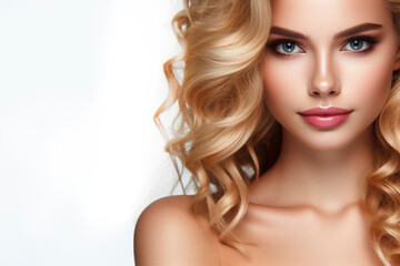 Fototapeta premium The face of a beautiful blonde woman with long curly hair as a closeup on a solid white background. ai generative
