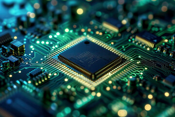 Fototapeta premium Advanced Technology Concept with Microchip and Circuit Board in Blue and green Tones