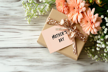 Mother's Day Concept with Elegant Gift Box with Ribbon and Spring Flowers on white Rustic Wood