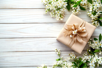 Elegant Gift Box with Golden Bow Surrounded by White Spring Flowers on on white wooden table