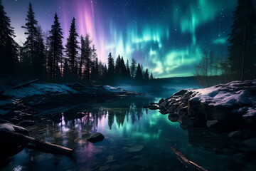 Northern Light Aurora Borealis Scene With Reflection In Water