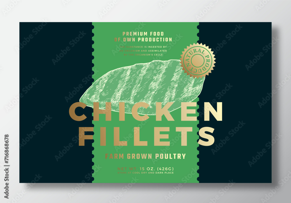 Wall mural farm grown chicken fillets abstract vector packaging label design template. modern typography banner