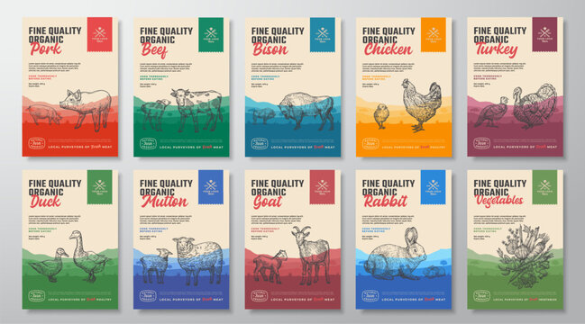 Organic Vector Meat and Vegetables Packaging Food Label Design Collection. Modern Typography and Hand Drawn Domestic Animals Silhouettes. Rural Pasture Landscape Background Layouts Bundle