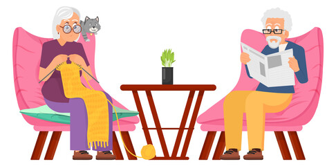 Happy old couple spending time together. Woman knitting and man reading