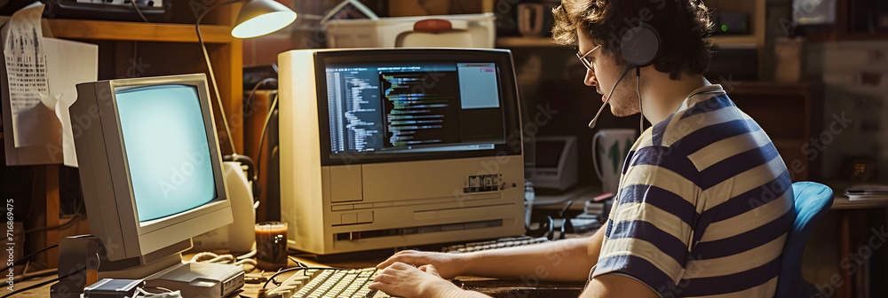 Poster caucasian male computer engineer programming on old desktop computer in retro garage. experienced so