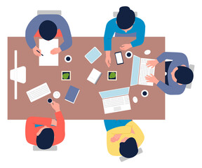 People working at table together. Team brainstorm