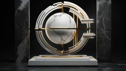 Marble Globe Encased in Golden Rings, Modern Art Background.