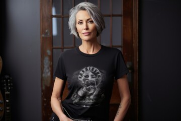 Portrait of a satisfied woman in her 50s sporting a vintage band t-shirt against a bare monochromatic room. AI Generation