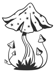 Obraz premium Magic mushroom ink drawing. Night witchcraft symbol