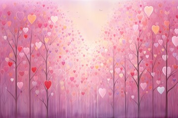 Heart-filled trees under a radiant, pastel sky. Pink background. Digital illustration.