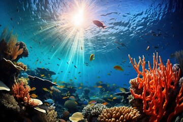 Underwater coral reef scene with diverse marine life. Sunlit coral reef teeming with colorful tropical fish. Nature background. - obrazy, fototapety, plakaty