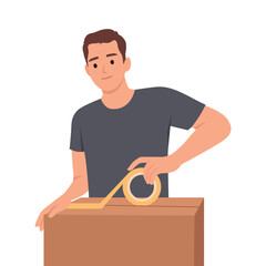 Man packs personal belongings into cardboard relocation box and seals lid with tape. Small business owner holding box and preparing goods ordered by customer for shipment. Flat vector illustration