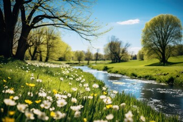 Sunny day at a peaceful river, surrounded by blooming flowers and lush trees. Nature background.