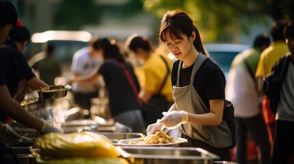 Volunteers serving food at an outdoor event.