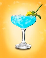 blue cocktail with ice lemon and mint in a glass